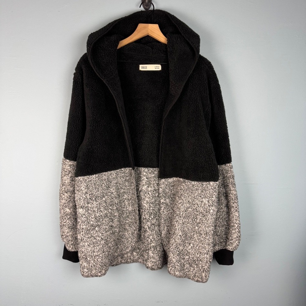 BKE Ashley Shrug Sherpa Jacket Women's Large Black‎ Gray Hoodie Color Block